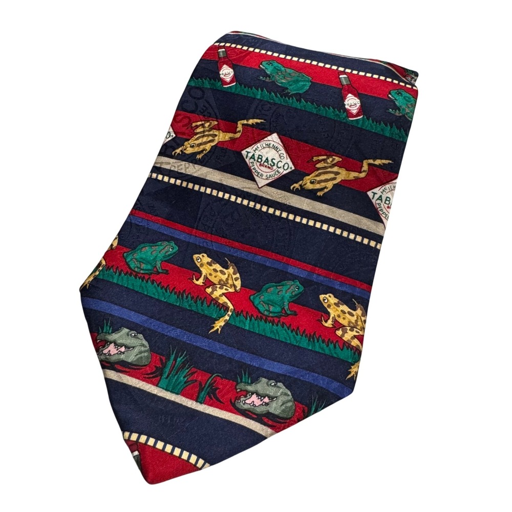 Vintage Tabasco Silk Tie –‎ Frogs, Alligators, Louisiana Swamp Novelty Necktie - Picture 2 of 8